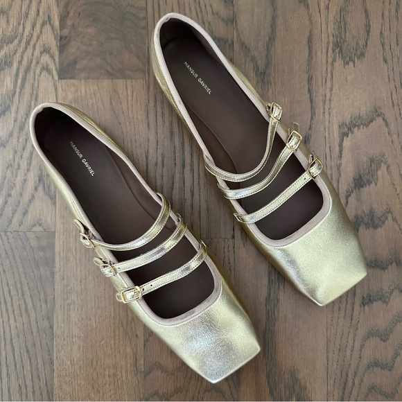 NWT Mansur Gavriel Lambskin Mary Jane Strappy Flats in Gold Size 9 US 40 EU - Picture 1 of 8